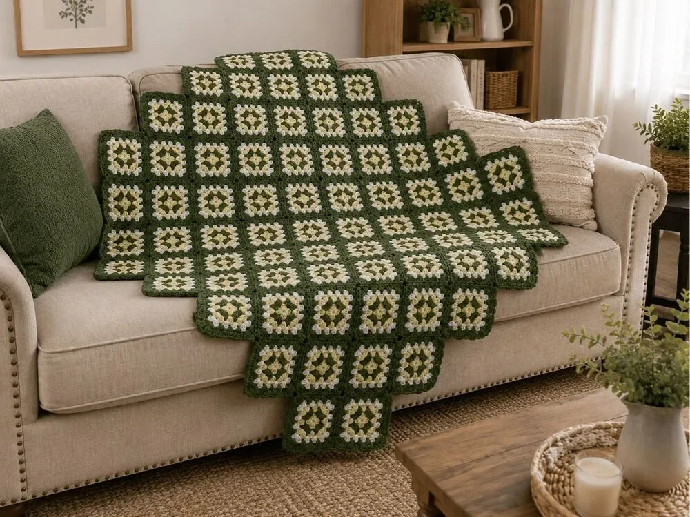 Handmade Crochet Afghan Granny Square Diamond Shape Throw Blanket 58x67 Retro Bo